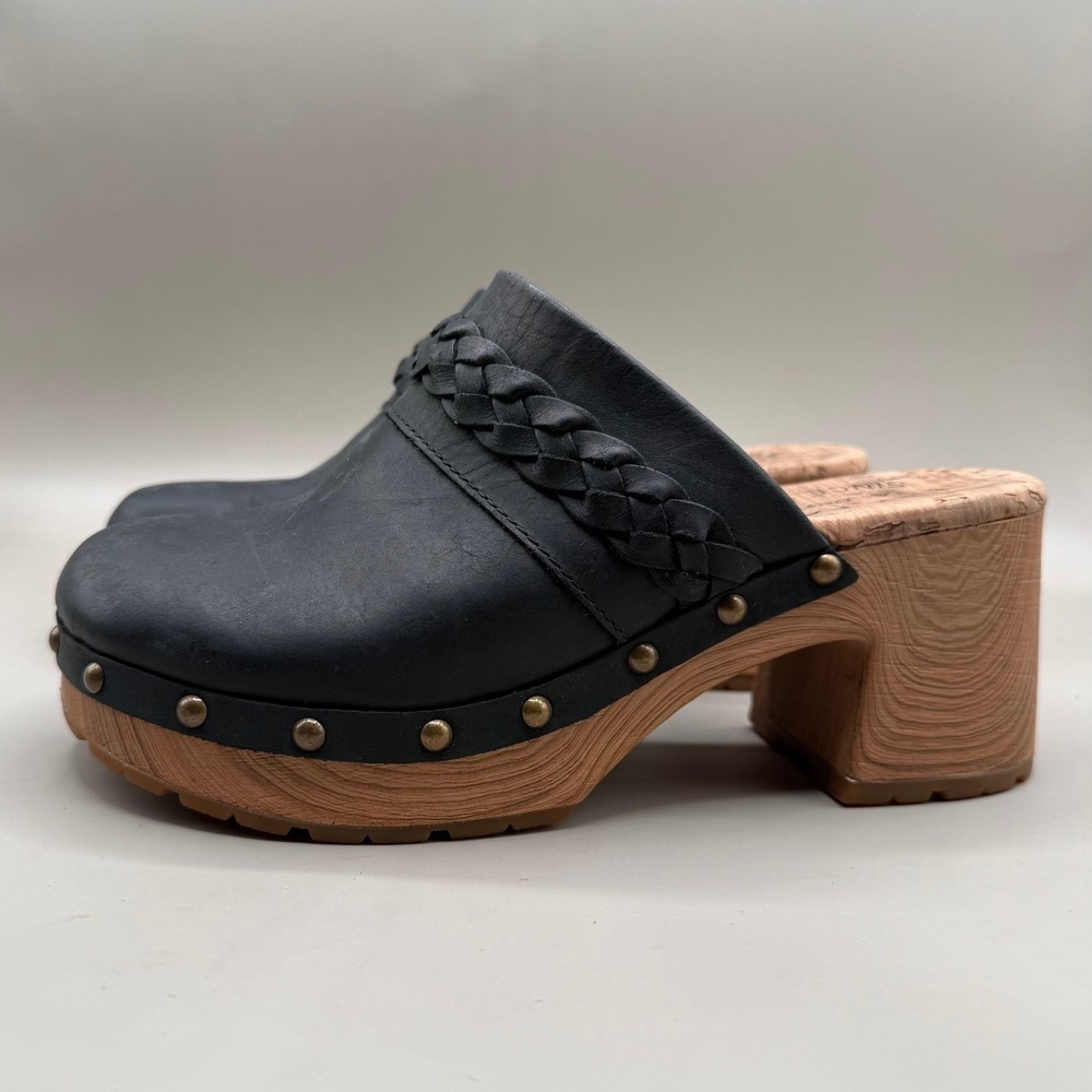 Kork-Ease Clogs Womens 6M Leather Braided Studded Platform Mules Black - Picture 2 of 7